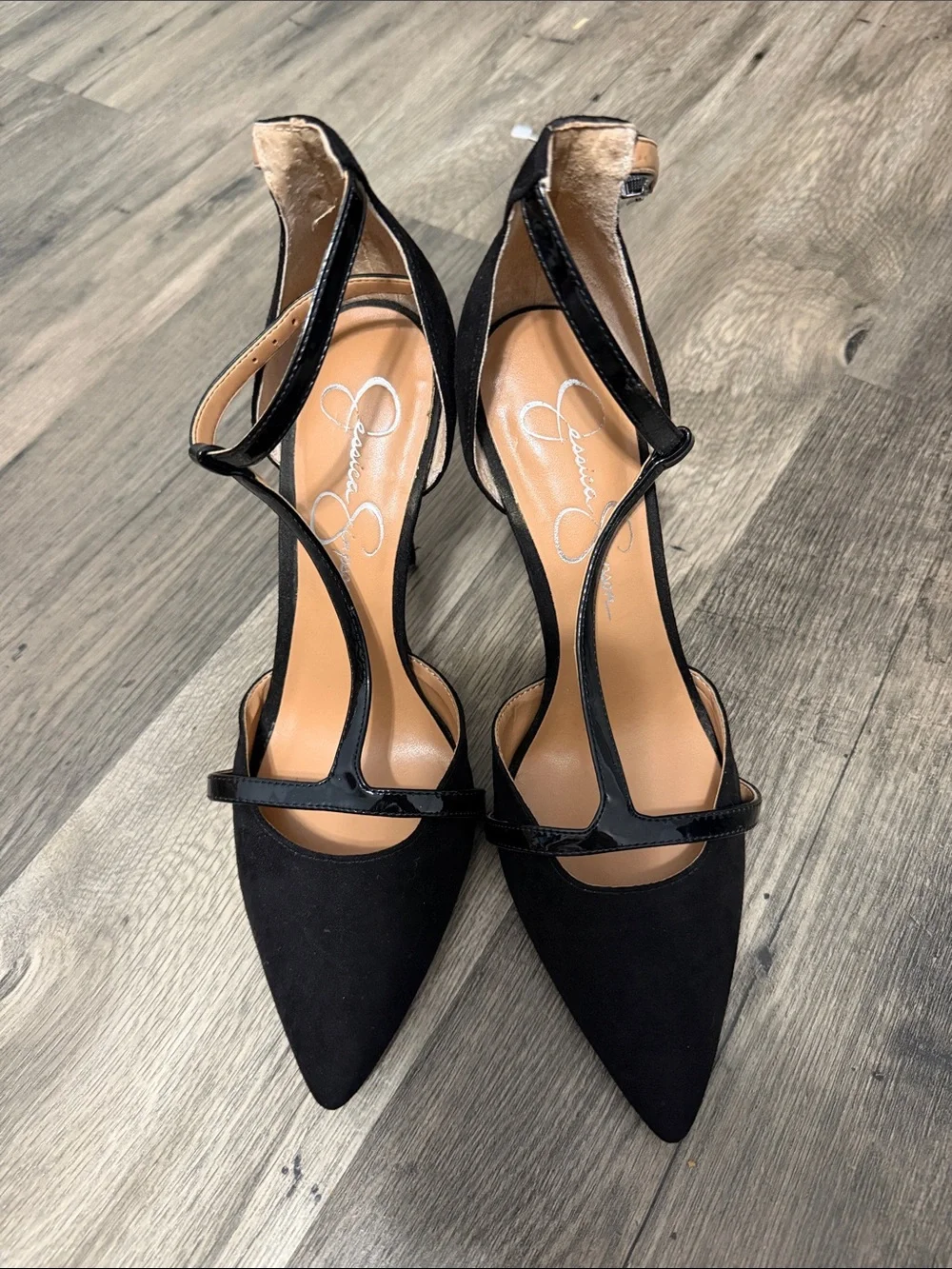Jessica Simpson Black Suede Pointed T-Strap High Heels